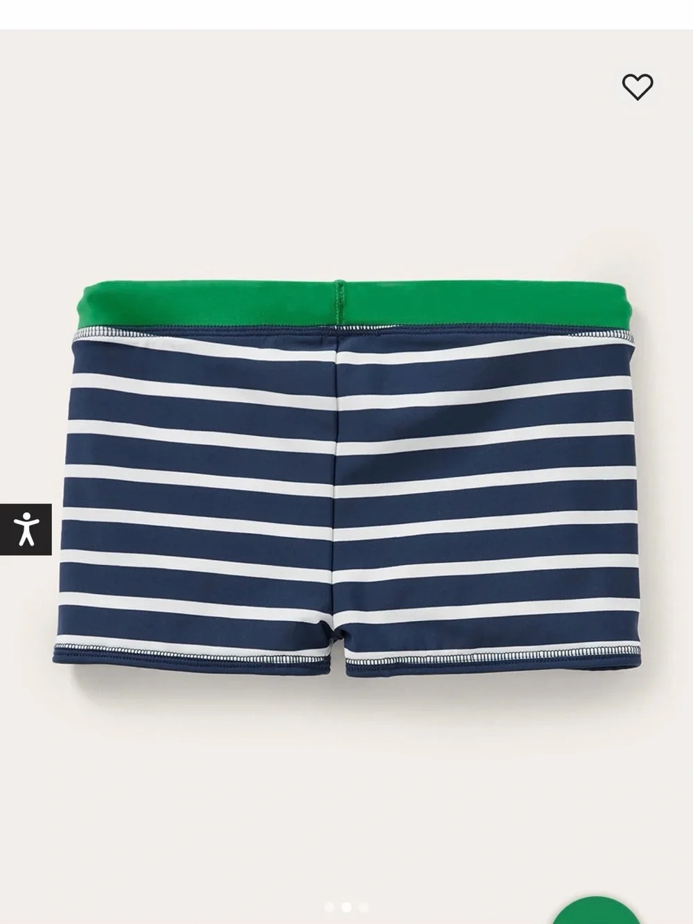 Mini Boden Navy and White Striped Boys Swim Trunks with Green Waistband